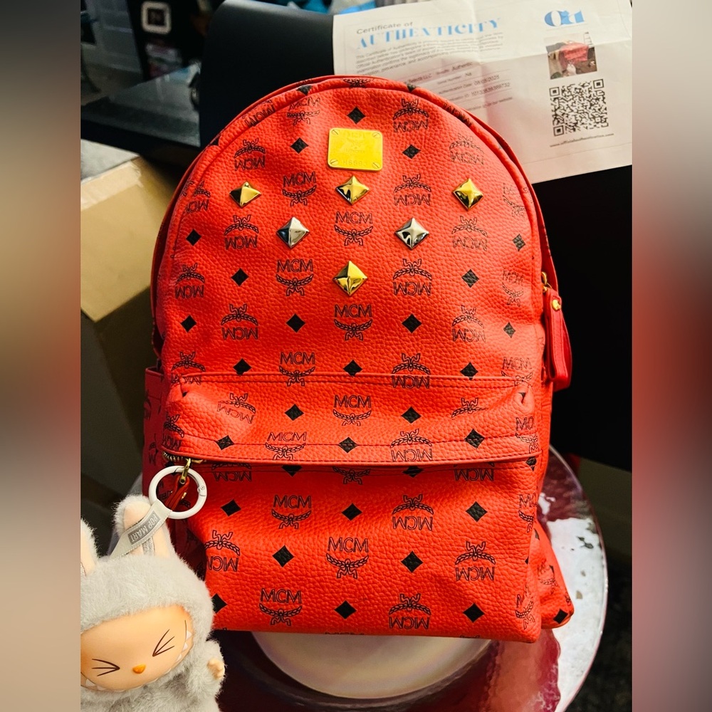⭐️Authentic MCM Scarlet Red Backpack w/Gold and Silver studs